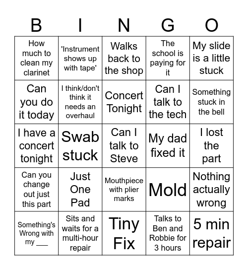 Virtuosity Repair Bingo Card