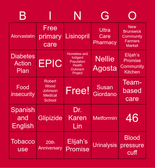 Promise Clinic 20th Anniversary Gala Bingo Card