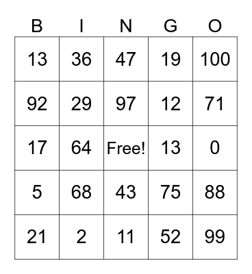 Numbers 1-100 Bingo Card