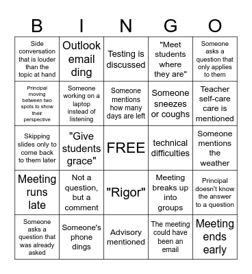 Teacher Staff Meeting Bingo Card