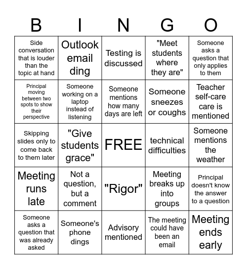 Teacher Staff Meeting Bingo Card