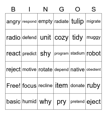 Open Syllable Bingo Card