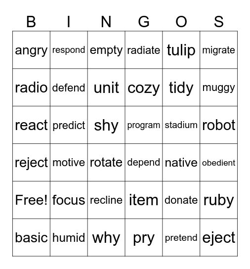 Open Syllable Bingo Card