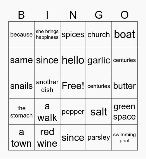 French Bingo Card