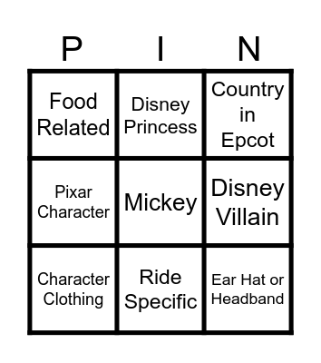 Disney World Pin-go Trading Bingo Card