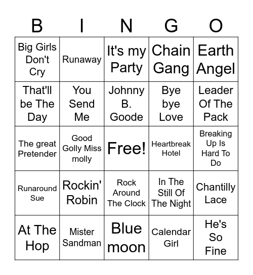 Sock Hop Bingo Card