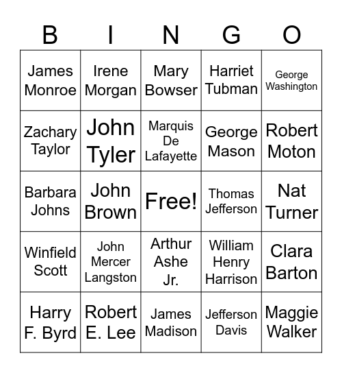Famous Virginians Bingo Card