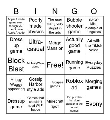 Mobile games and their ads Bingo Card