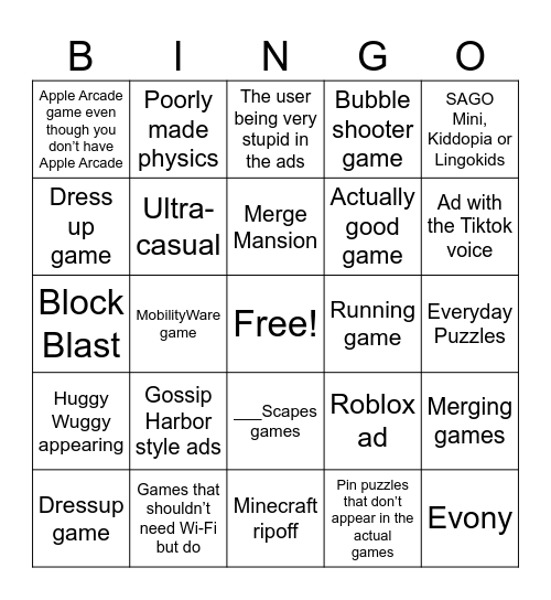 Mobile games and their ads Bingo Card