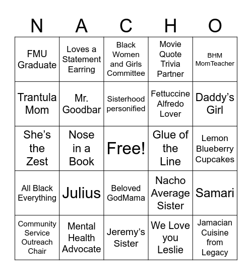 NACHO Average Sister BINGO Card