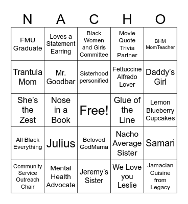 NACHO Average Sister BINGO Card