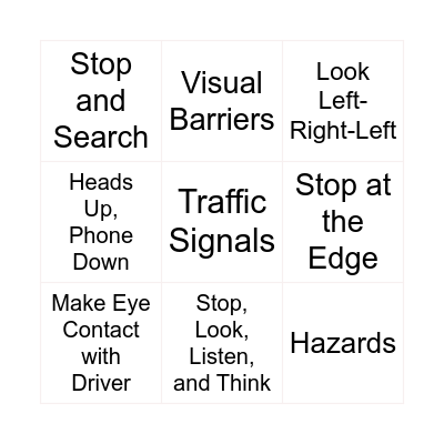 Walk Safety Bingo Card