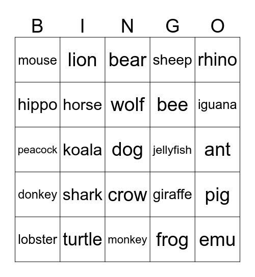 Animals Bingo Card