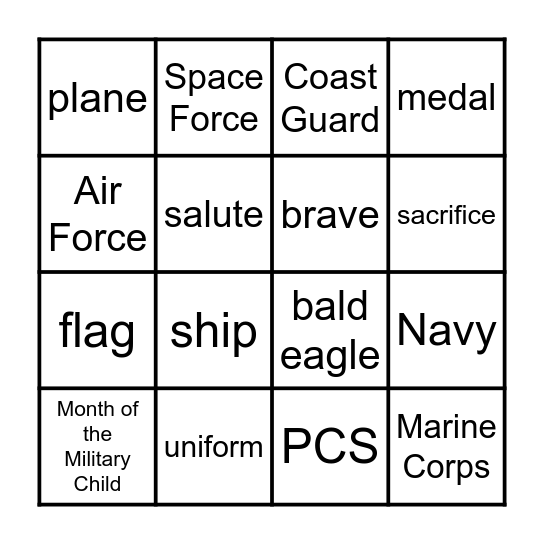 Thank you Military Kids! Bingo Card