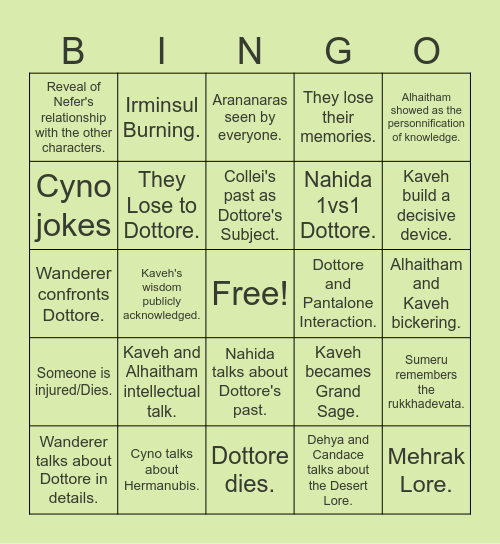 Sumeru 6.6 Bingo Card