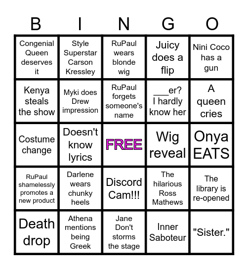 Drag Race Season Finale Bingo Card
