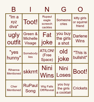 Atilon Bingo Drag Race Finale! Bingo Card