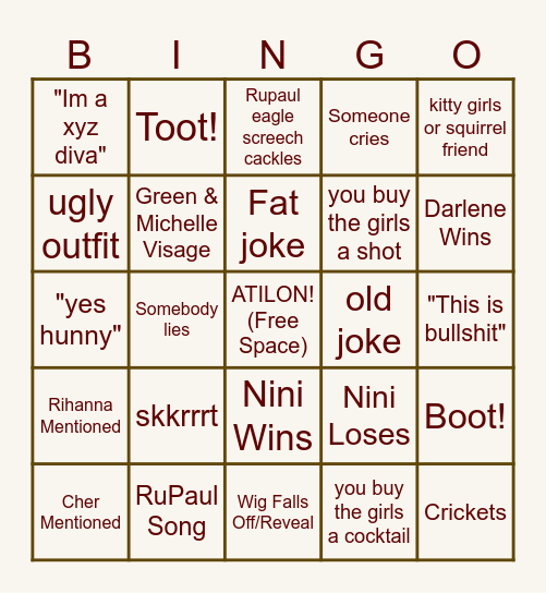 Atilon Bingo Drag Race Finale! Bingo Card
