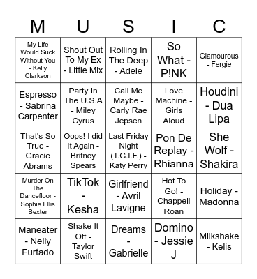 Pop Princesses Bingo Card