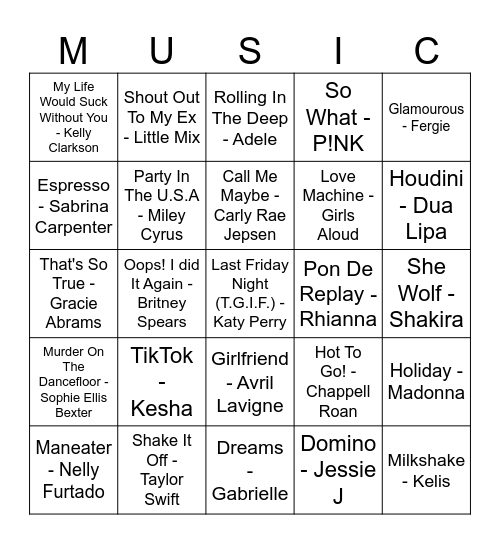 Pop Princesses Bingo Card