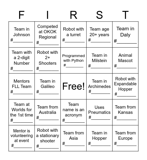 Team 5968 Bingo - Worlds 2026 Bingo Card