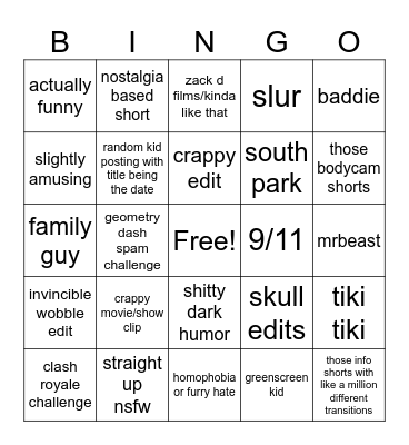 youtube shorts Bingo Card