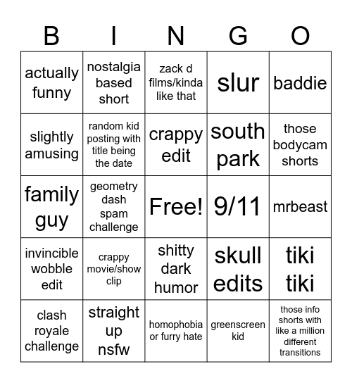 youtube shorts Bingo Card