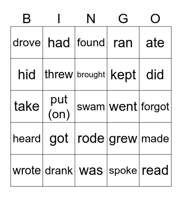 Irregular Verbs Bingo Card