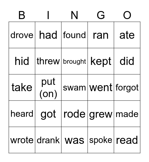 Irregular Verbs Bingo Card