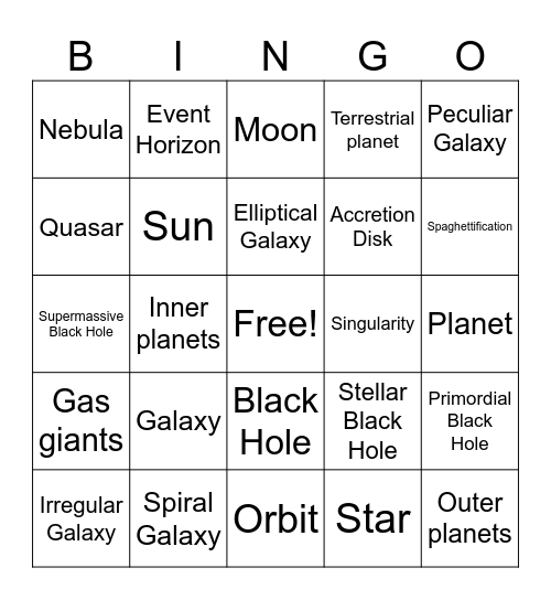 Stars, galaxies, and black holes Bingo Card
