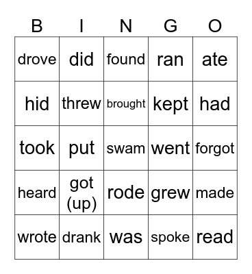 Irregular Verbs Bingo Card