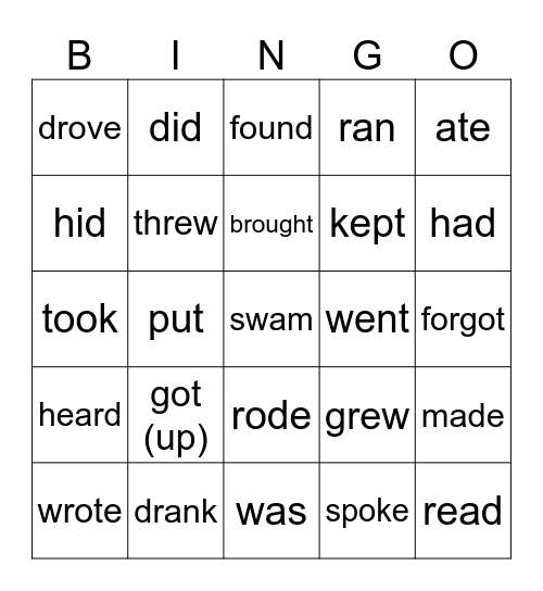 Irregular Verbs Bingo Card
