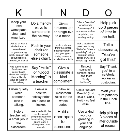 Kindness Bingo Card