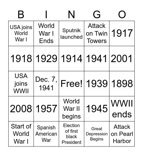 Important Dates Bingo Card