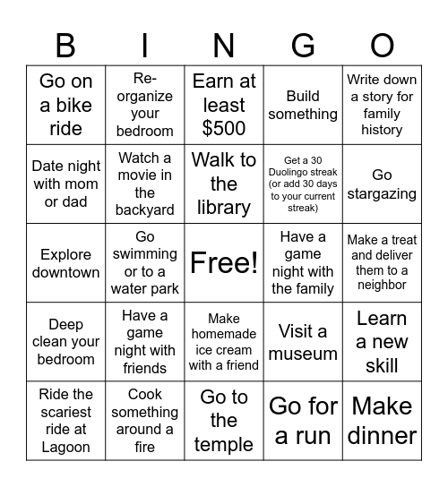 Summer Bucket List Bingo Card