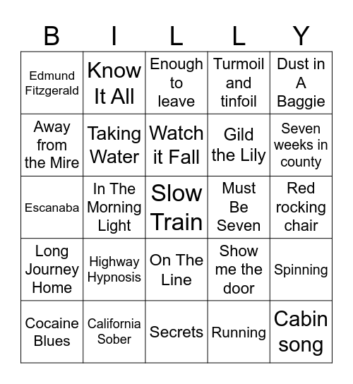 Billy Strings Bingo Card