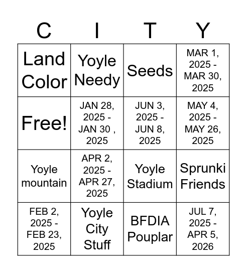 Yoyle City was in TPOT 22? Bingo Card