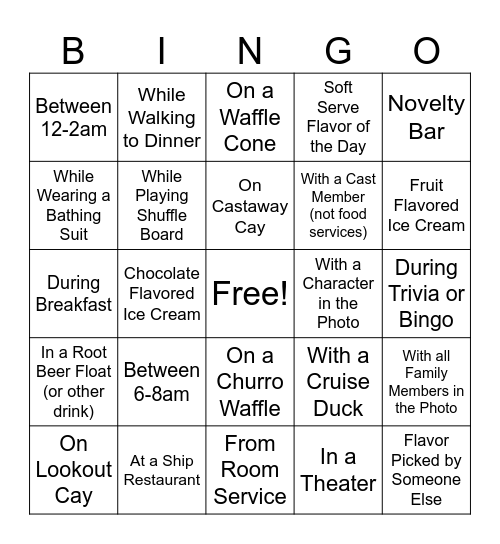 Cruise Ice Cream Bingo Card