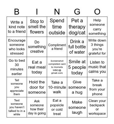 Hornets Mental Health Matters BINGO Card