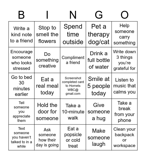 Hornets Mental Health Matters BINGO Card