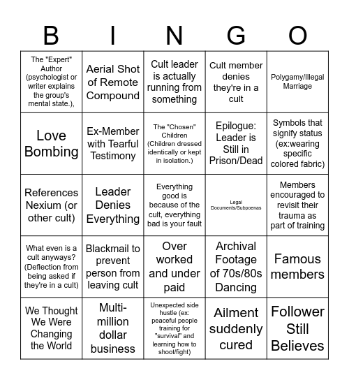 Cult Bingo Card