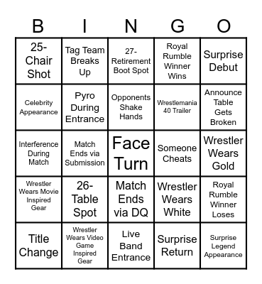Wrestlemania Bingo Card