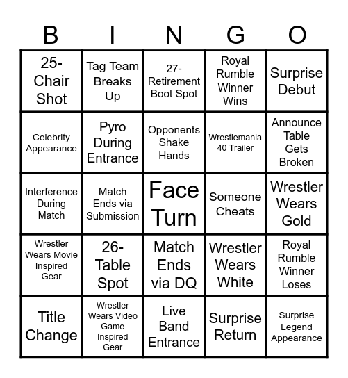 Wrestlemania Bingo Card
