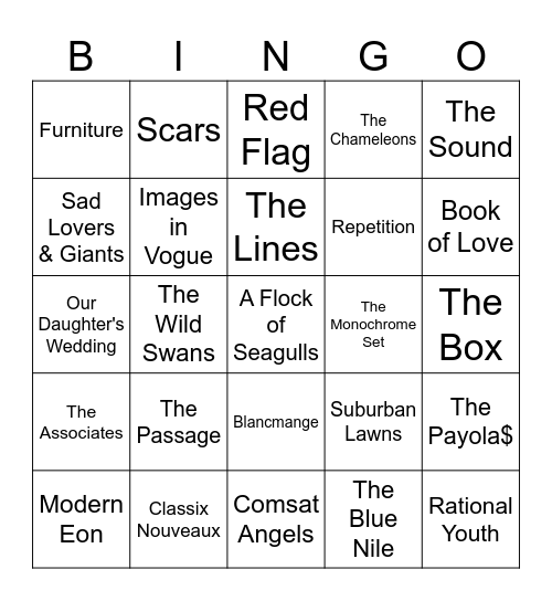 70's/80's New Wave Bingo Card