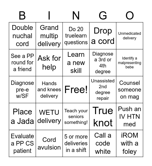 PGY1 Nights Bingo! Bingo Card