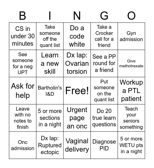 PGY2 Nights Bingo! Bingo Card