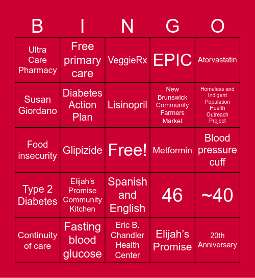 Promise Clinic Gala Bingo Card