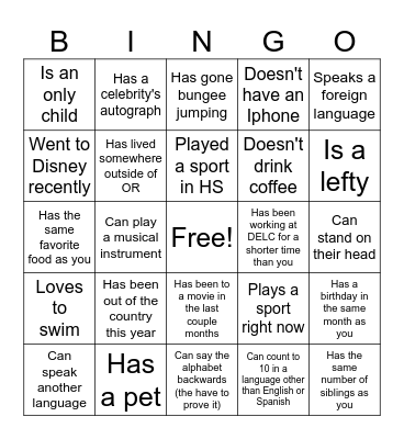 Human Scavenger Hunt Bingo Card