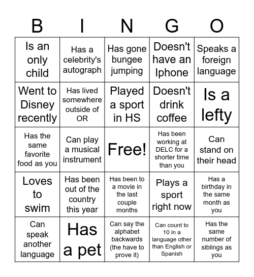 Human Scavenger Hunt Bingo Card
