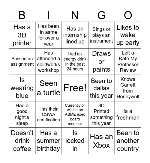ASME Banquet BINGO Card